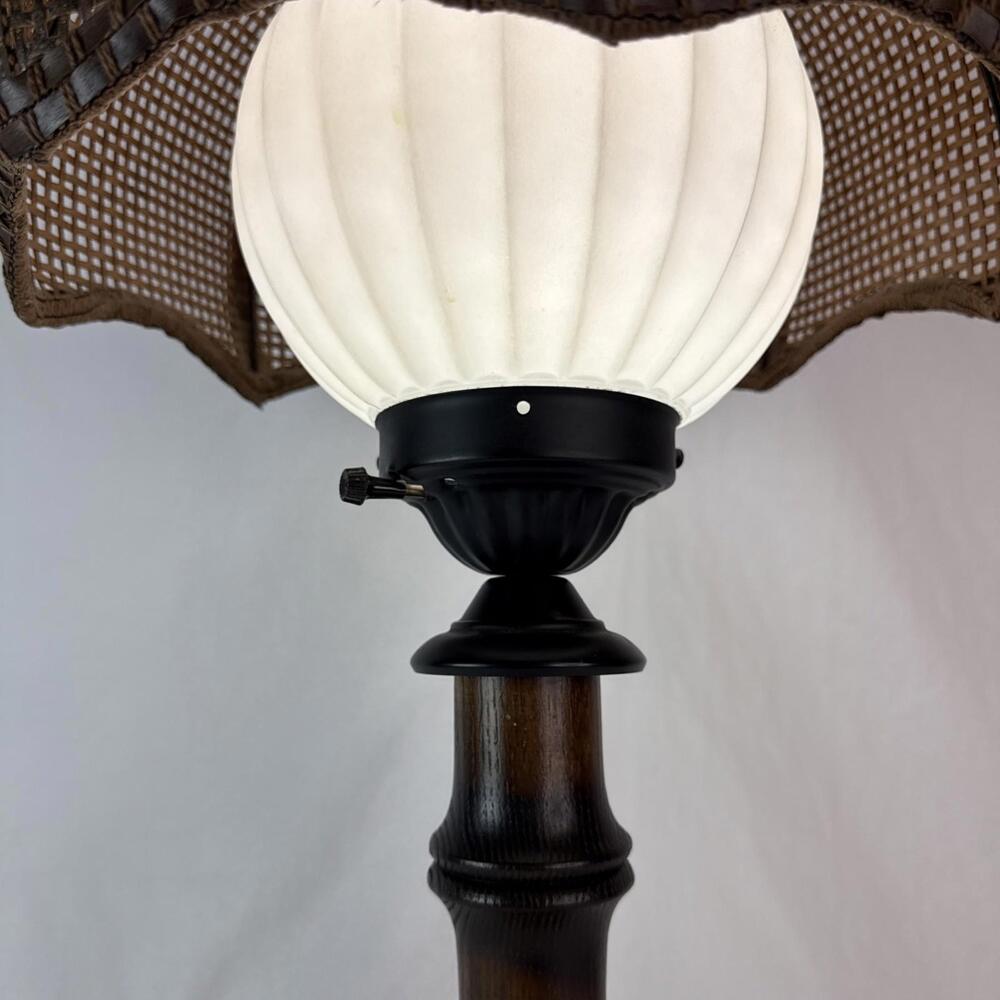 Vintage 70's Tropical BAMBOO LAMP Wicker Shade White Glass Globe Boho Chic - Picture 9 of 15